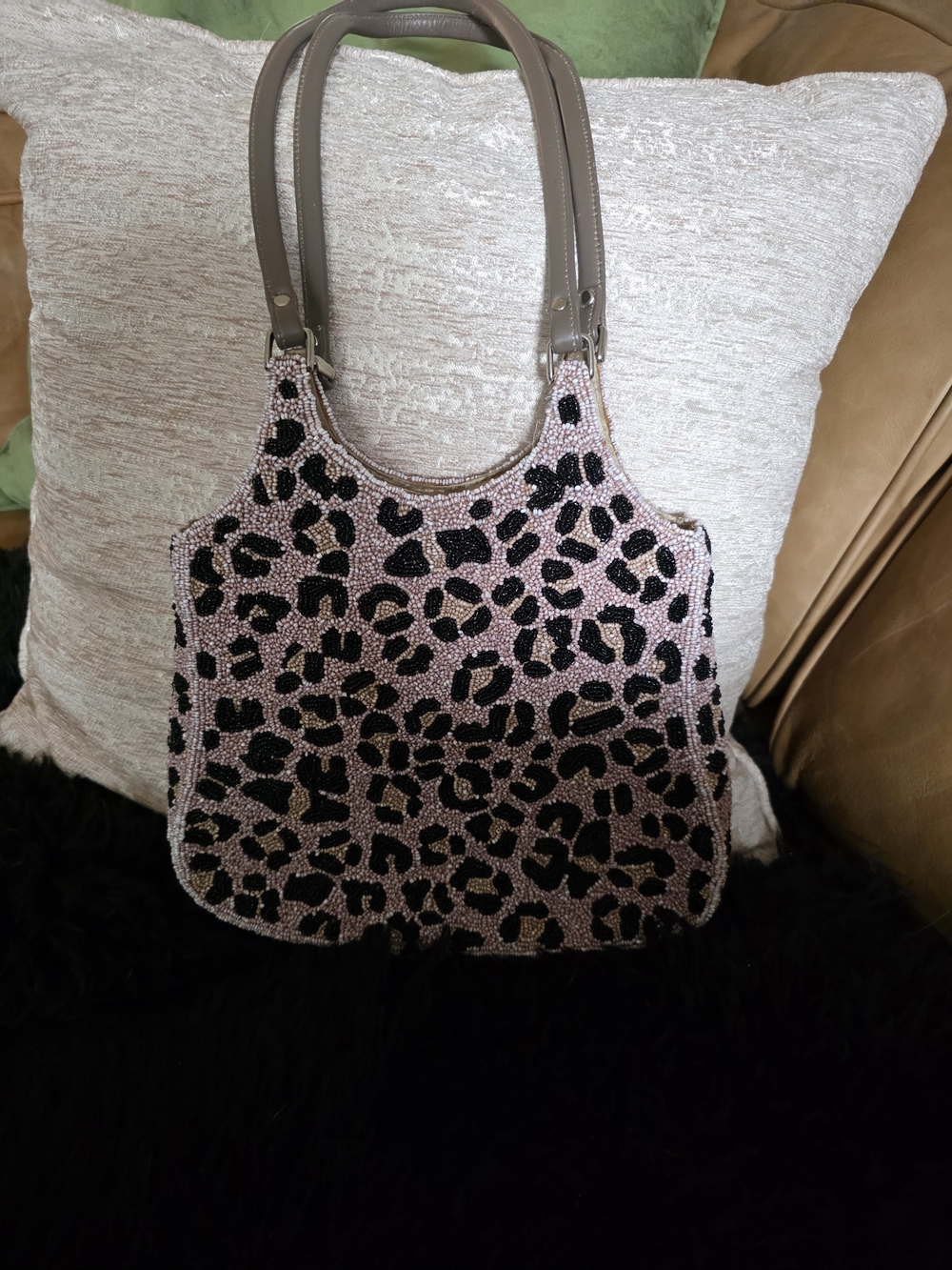 Moyna Taupe Beaded Leopard Shoulder Bag with Taupe Handles